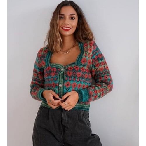 Ardm Fashion Cardigan Mujer Red Floral Embroidery Knitted Cardigan Sweater Vintage Long Sleeve Pull Female Outerwear Chic Tops