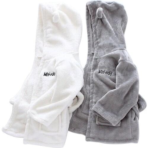 Winter bathrobe for newborns hoodie russia solid white grey flannel Childrens bathrobe 0-7Y fleece unisex infant boy girls