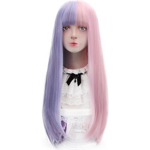 Free Beauty Long Straight Synthetic Baby Purple Pink Blue Brown Black Blonde Hair Wigs with Bangs for Lolita Bohemian Cosplay