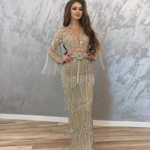 Vestidos de fiesta de noche 2020 Sparkly Arabic Mermaid Prom Dresses Long Sleeves Shiny Tassels Beaded Chic Evening Dress Gowns