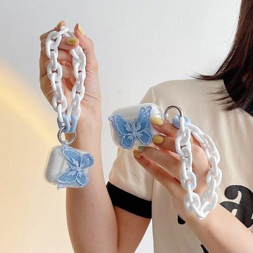 For AirPods Case Glitter Soft Clear Earphone Case For AirPods 2 3 AirPods Pro Lace Butterfly Protect Earphone Cover with Lanyard