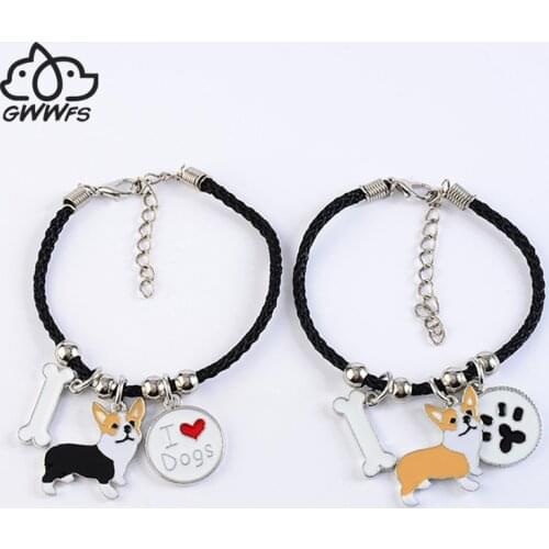 Welsh corgi pembroke charm bracelets for women girls men rope chain silver color alloy pet dog pendant male female wrap bracelet