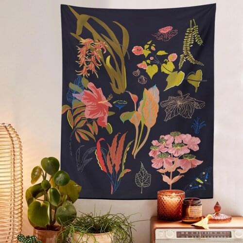 Black Botanical Wildflower Tapestry Wall Hanging Flower Reference Chart Bohemian Tapestries Colorful Psychedelic Home Decor