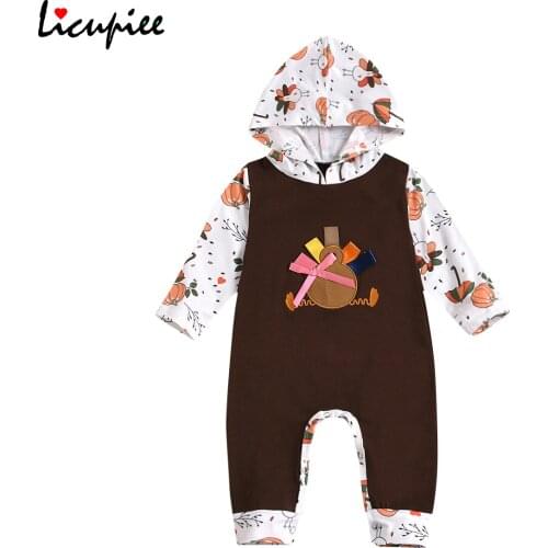 Hooded Baby Boy Childrens Romper Long Sleeve Crew Neck One-piece Button Cartoon Pattern Pumpkin Suit 0-24 Months