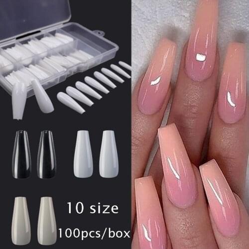 100/500pcs Artificial False Nails Press on Long Clear Natural White Full Cover Acrylic Fake Nail Art Tips Extension Coffin