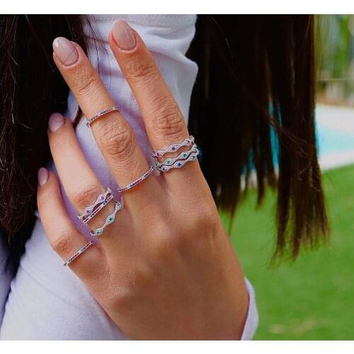 Red Green Blue Eye cute lovely turkish evil eye link engagement band silver color cz finger rings stacking ring