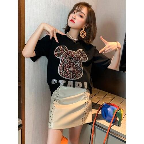 Fashion versatile hot diamond Cartoon Bear crew neck T T-shirt girl 2021 New spring clothes