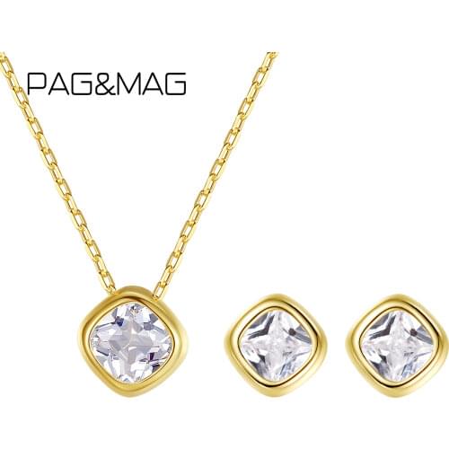 PAG&MAG Minimalism Suqare CZ Earrings Necklace Set 925 Sterling Silver Jewelry Set For Women Korean Crystal Necklace Jewelry