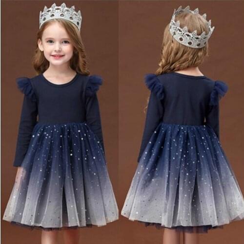 Sequins Star Tulle Princess Dress Girls Spring Autumn Long Sleeve Dresses Baby Christmas Clothes Children Kids Vestidos Clothing