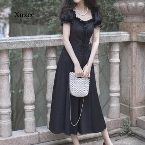 Summer Womens French Retro Mid-Length Dress Elegant Square Neck Puff Sleeve Fairy Dress Retro Drawstring Skirt Black White