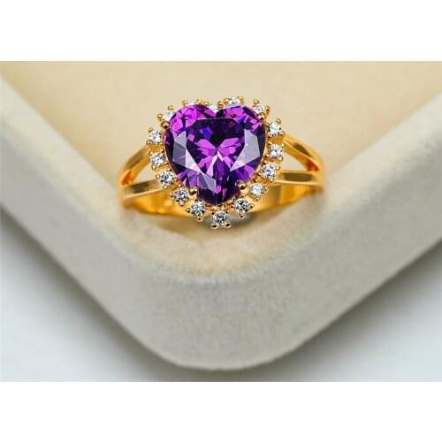 Luxury Female Purple Crystal Stone Ring Yellow Gold Hollow Wedding Rings For Women Cute Bridal Big Love Heart Engagement Ring