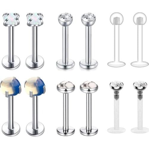 JFORYOU Tragus Earring 12pcs 16G Surgical Steel & Opal CZ Nature Stone Lip Labret Helix Cartilage Conch Studs Piercing Jewelry