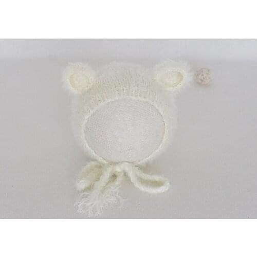 Ivory Newborn Photo Prop Hat Knitted Fuzzy Bear Hat Crochet Teddy Baby Photography Bonnet Newborn Sleeper Cap Shower Gift