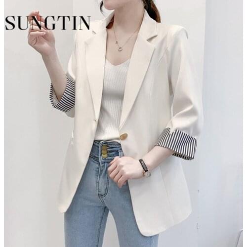 Sungtin Patchwork Korean Fashion Black Suit Blazers Women Three Quarter Sleeve Blazers Femme Chic Spring Jacket 5 Color New 2021