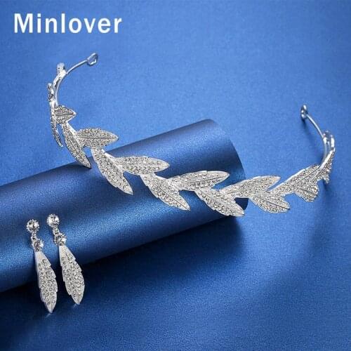 Minlover Rhinestone Leaf Wedding Crowns Tiaras with Earrings Silver Color Headbands Bridal Hair Accessories Hair Ornament HG230