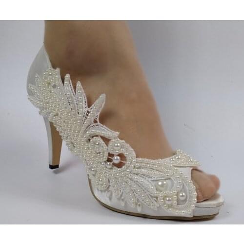BaoYaFang Beading Pearl wedding shoes Flower Ladies party shoes Peep Toe white lace shoes woman Open Toe High heel Pumps