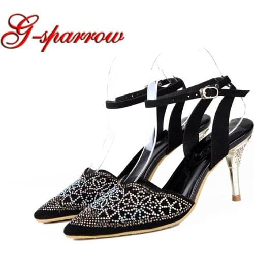 Black Color Women Spring High Heel Shoes Pointed Toe Sexy Slingback Pumps Fashion Rhinestone Party Shoes Plus Size 44