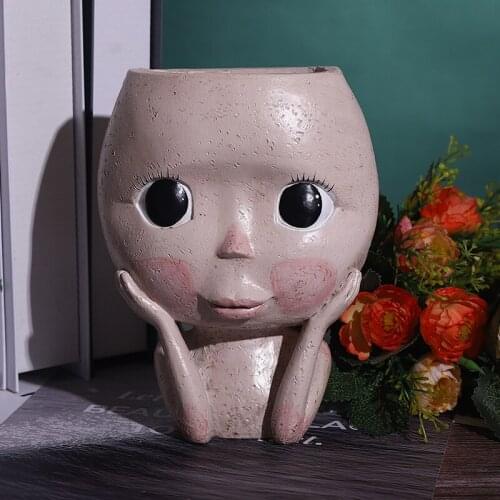 Human Face Vase Decoration Big Eyes Doll Resin Flowerpot Figure Sculpture Crafts Storage Container Flower Arrangement Container