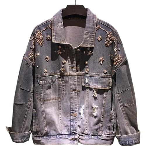 England style diamond beading Denim jackets female single breastedhand made hole denim outwear tops with pockets wq1577 dropship