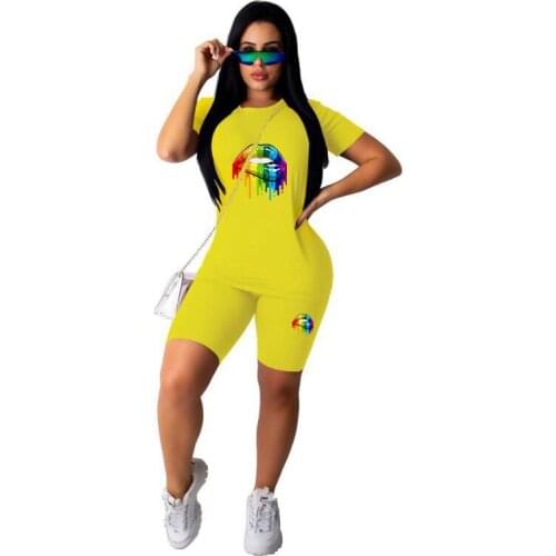 2021 New Summer Women Short Sleeve Lips Printed T-shirt Top Elastic Waist Shorts Two Pieces Casual Style Outfit Female