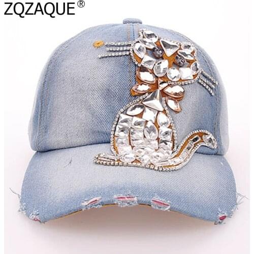 High Quality Diamonds Decor Cute Cat Girls Denim Caps Fashion Womens Summer Manural Drill Baseball Caps Exquisite Hat SY1661