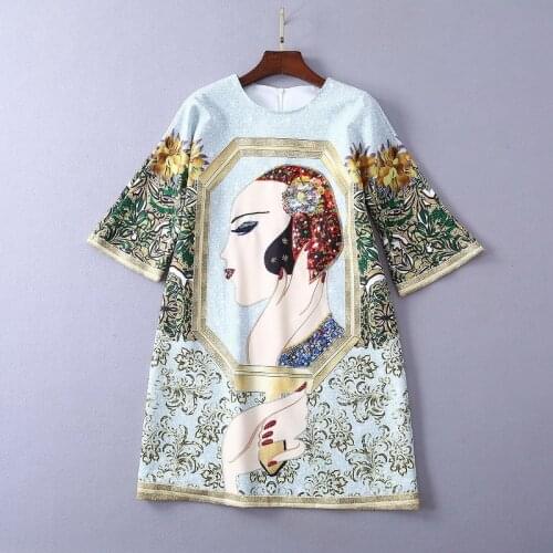 American European plus-size and womens clothes spring 2021 new style 7 minutes of sleeve Nail bead sequins Pretty print dress