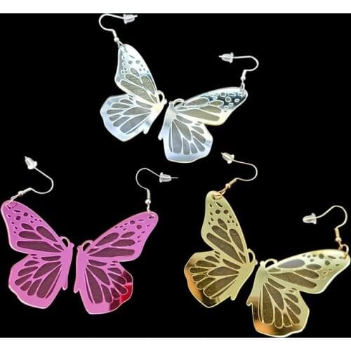 Female Trendy New Left And Right Butterfly Wing Temperament Mirror Bright Pink Acrylic Carving Dangle Earrings E121594
