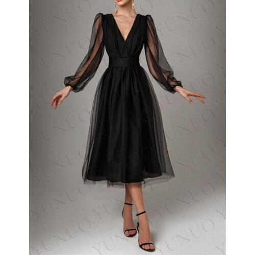 YUNUO Black Long-sleeved Midi Prom Dress robes de cocktail V Neck Back Tulle платье на выпускной فساتين السهرة Evening Dresses