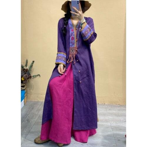 2021 Autumn New Dress Retro Women Loose Casual Dress Ladies Cardigan Button Patchwork Embroidery Vintage Dress