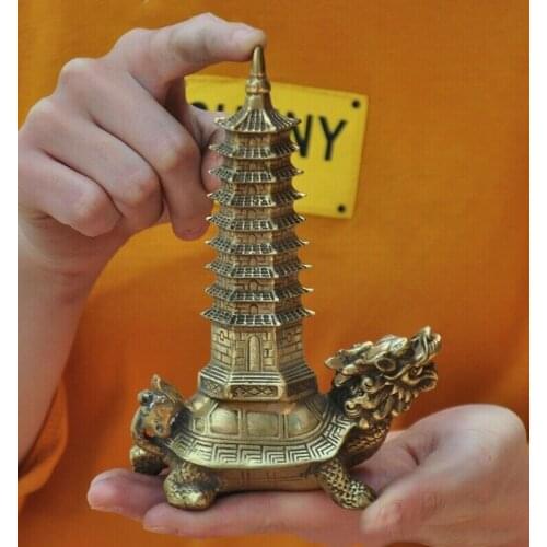 6"China Feng Shui brass Dragon turtle tortoise animal Pagoda pagoda tower statue