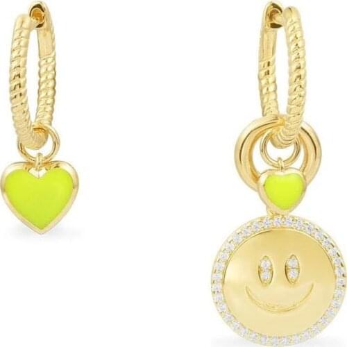 SOELLE Fine 925 Sterling Silver Asymmetric Neon Yellow Heart Happy Face Earrings An Afternoon At The Beach Series Women Jewelry
