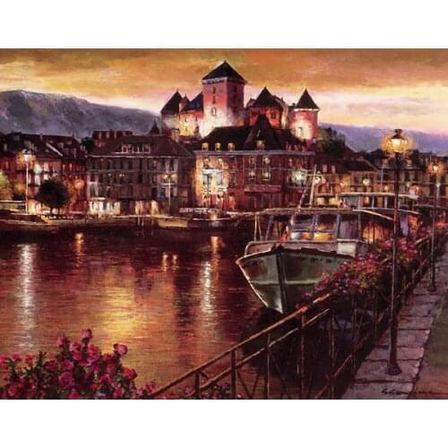 Free shipping Mediterranean seaside building night view oil painting canvas prints printed on canvas wall art decoration picture