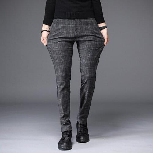Brand Mens Plaid Pants Casual Elastic Long Trousers Cotton Gray Black Skinny Work Pant for Male Classic Clothing Jogging