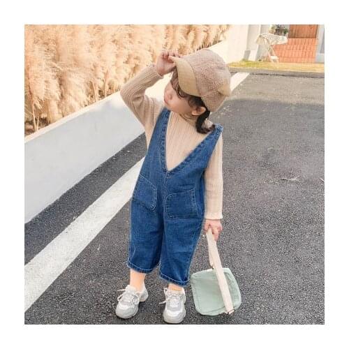 Spring Autumn Girls Denim Bib Pants Washed Distressed Girls Wide Leg Pants Multi Pockets Children Loose Trousers 12M-6T