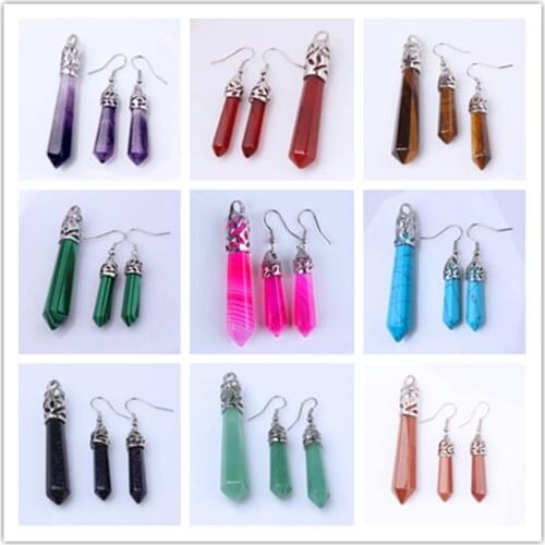 KFT Natural Healing Crystal Quartz Stone Hexagon Prism Pendulum Reiki Stone Pendant Earrings For Women Men Jewelry Sets