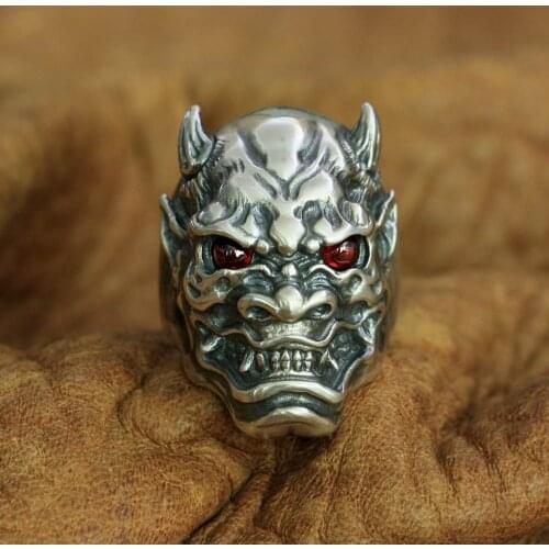 925 Sterling Silver Japanese Ghost Prajna Ring Mens Biker Rock Punk CZ Stone Eyes Skull Ring TA254 US Size 7~15