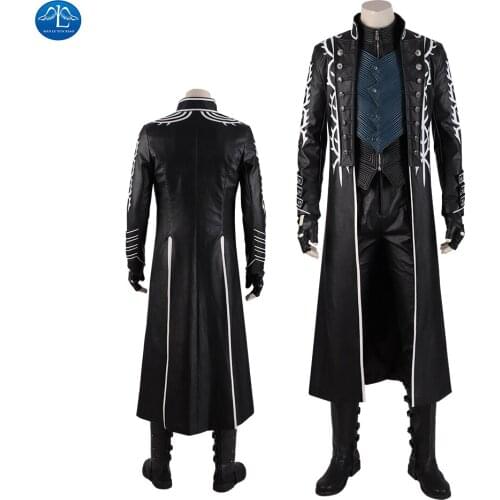 ManLuYunXiao DMC 5 Vergil Cosplay Costume Men Jackets Faux Leather Trench Coat Game Outfit Halloween Any Size