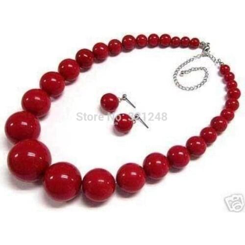 Fashion good beautiful 6-14mm red artificial coral round beads necklace earring chains tower jewelry 18inch