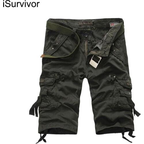 ISurvivor 2021 Mens New Summer Fashion Solid Color Mid-Waist Cotton Cargo Pants Pocket Wash Shorts