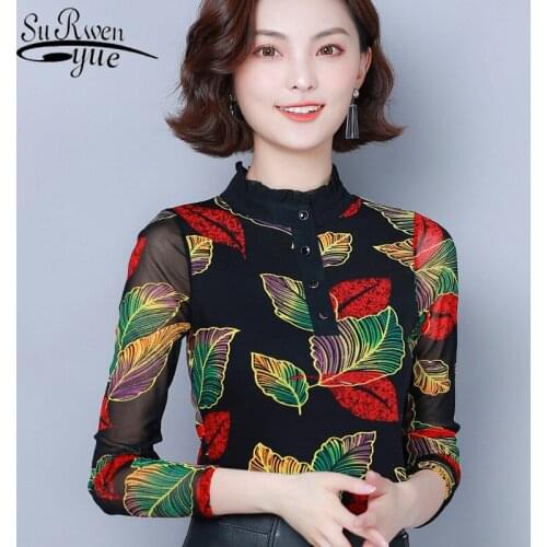 New Sexy Mesh Top Long Sleeve Women Print Long Sleeve Turtleneck Tops Korean Slim Shirt Blusas Mujer De Moda 2019 7495 50