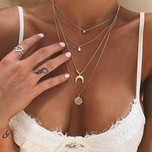 CHITCHAT Bohemian Moon Layered Necklace Small Wafer Round circle Pendant Necklaces For Best friend Gift Bijoux Collier Femme