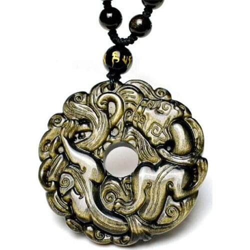 Genuine Natural Gold Obsidian Flash Light Women Men Pendant 45mm Carved Pi Xiu Design Natural Stone Necklace AAAAAA