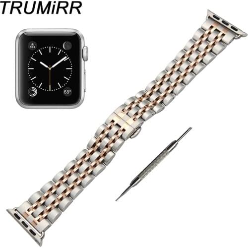 Stainless Steel Watchband + Adapter for iWatch Apple Watch 38mm 42mm Butterfly Clasp Band Wrist Strap Bracelet Black Gold Silver