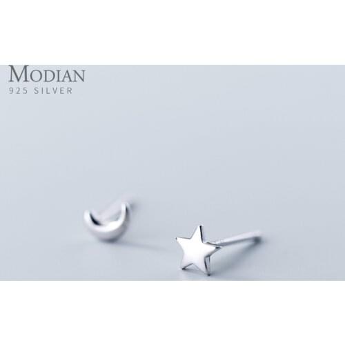 Modian Fashion Minimalist Star Moon Asymmetry 100% 925 Sterling Silver Anti-Allergy Stud Earring for Women Fine Jewelry Brincos