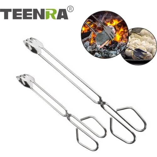 TEENRA Barbecue Carbon Clip Long Handle Tongs Stainless Steel Oven Charcoal Salad Tong Kitchen Supplies Tool