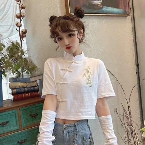 Black Cheongsam Top 2021 Asian Streetwear T Shirt Crop Tops For Teens Chinese Style Clothing Women Gothic Crop Top Femme 12337