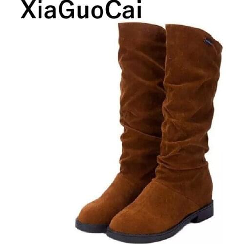 Spring Autumn Women Boots Mid-calf Slip-on Female Long Boots 2019 Slim Sexy Ladies Shoes Nubuck Leather New Arrival Dropshipping