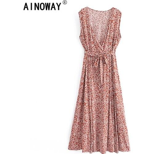 Vintage chic women floral print sleeveless beach Bohemian maxi dress Ladies cross v-neck rayon floor-length Boho sundress