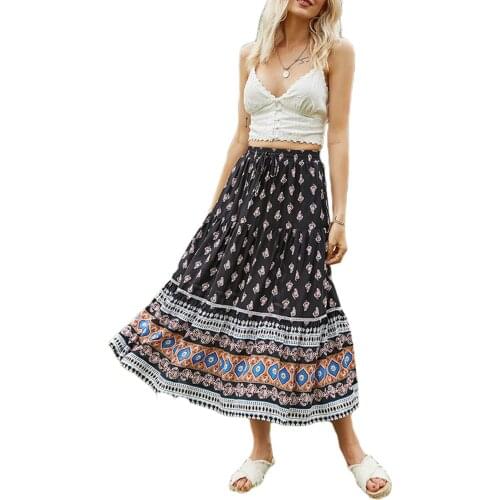 Women Boho A Line Skirt Floral Print High Elastic High Waist Layered Skirt Summer Casual Loose Skirts With Pocket Elegant Skirt