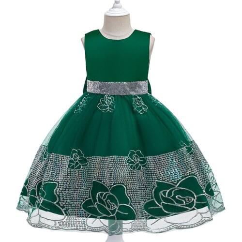 Green Kids Dresses For Girls Wedding Party Sequin Belt Flower Gown Princess Evening Fall Winter Childrens Sleeveless Dress